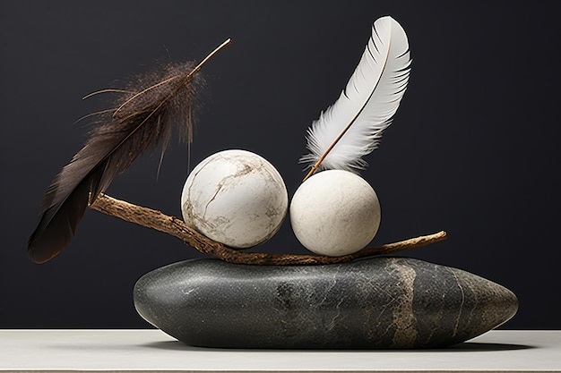 Composition with feathers and stones on black background