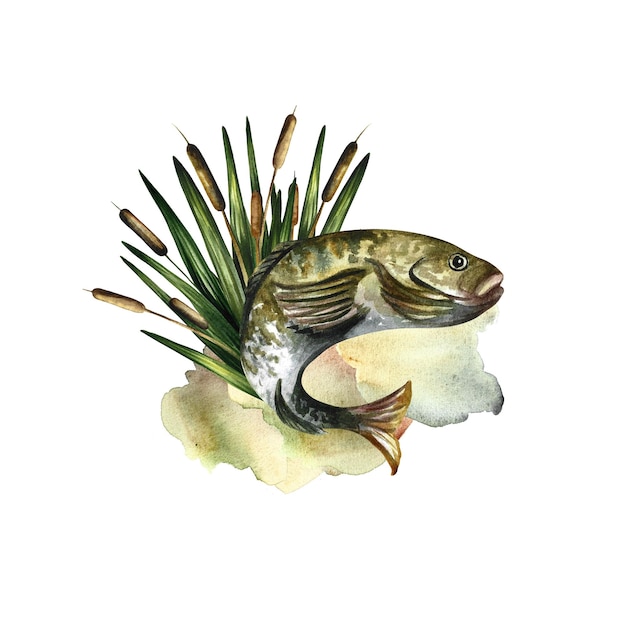 Composition with fish. Watercolor illustration.