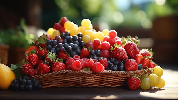 Composition with fruits and wicker basket on white