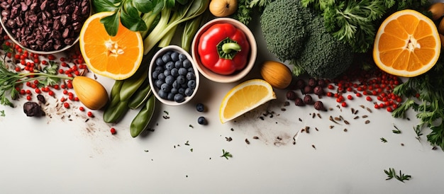 Composition with healthy food products on white background panoramic shot