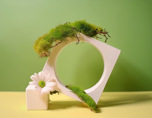 Composition with Plaster Podiums Moss and Flowers on Color Background