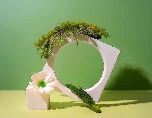 Composition with Plaster Podiums Moss and Flowers on Color Background