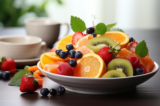 Composition with plate of fresh fruit salad on white wooden table