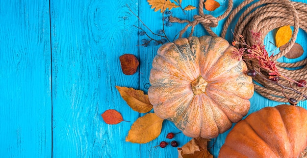 A composition with pumpkins and autumn foliage on a blue wooden background