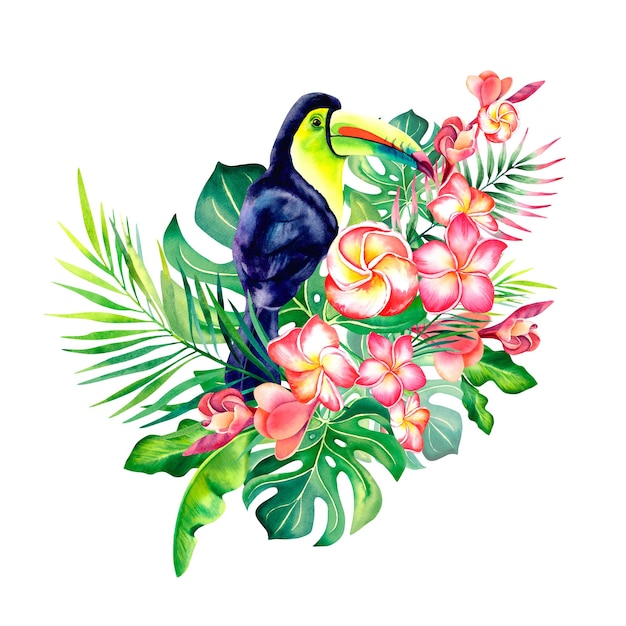 A composition with a rainbow toucan on an isolated background An exotic bird The tropics Monstera palm branch plumeria Watercolor illustration