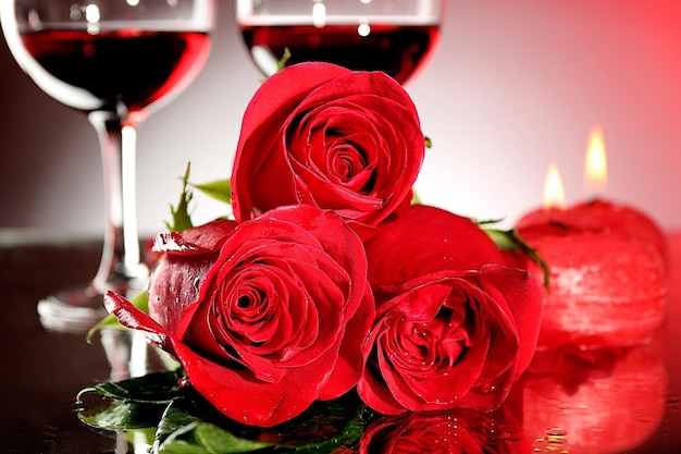 Composition with red wine in glasses, red rose and decorative heart on colorful background