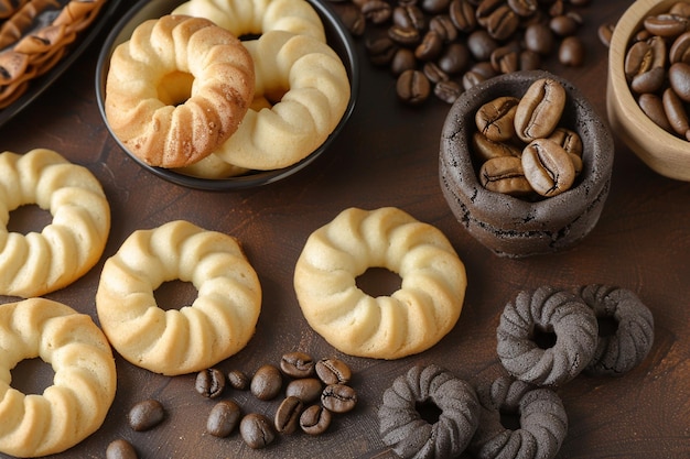 Composition with roasted coffee beans and coffee bean shaped cookies on light surface