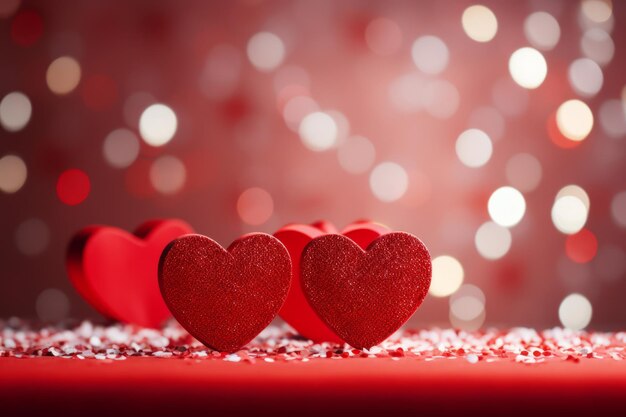 Composition with several soft red hearts on the red surface with red and white confetti Red background with bokeh effect Love and admiration concept St Valentines mockup with copy space