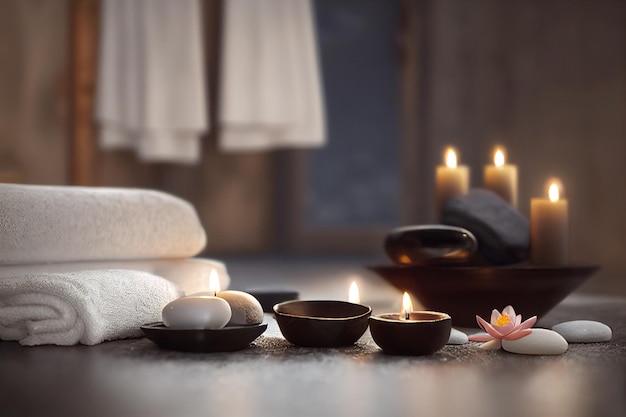 Composition with spa soft towels candles black hot stones and lotus flowers on a wooden white floor close view spa concept romantic cozy