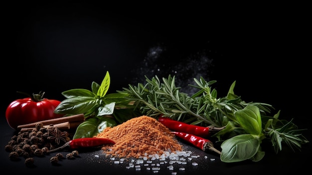 composition with spices and vegetables on dark background space for text