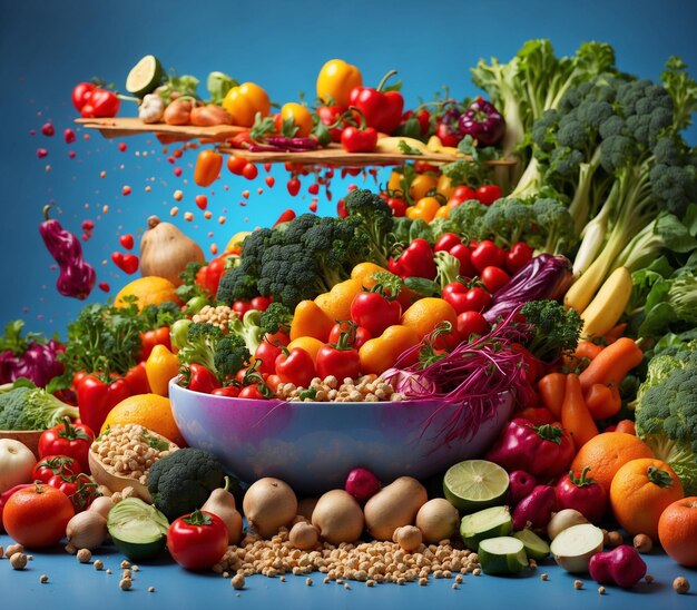 Composition with variety of raw organic vegetables and fruits Balanced diet