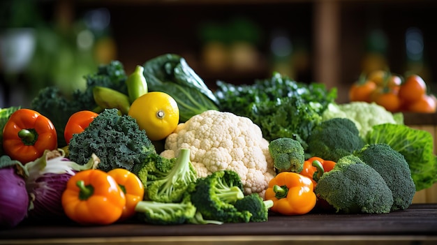 Composition with variety of raw organic vegetables on wooden table in kitchen