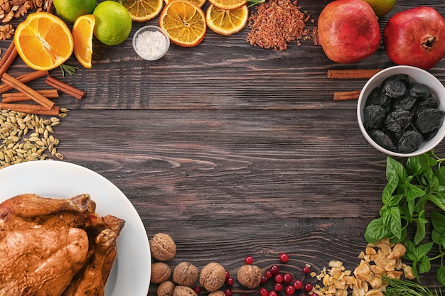 Composition with whole roasted turkey and some products on wooden background