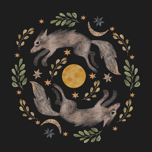 Composition wolf stars and moon Watercolor illustration