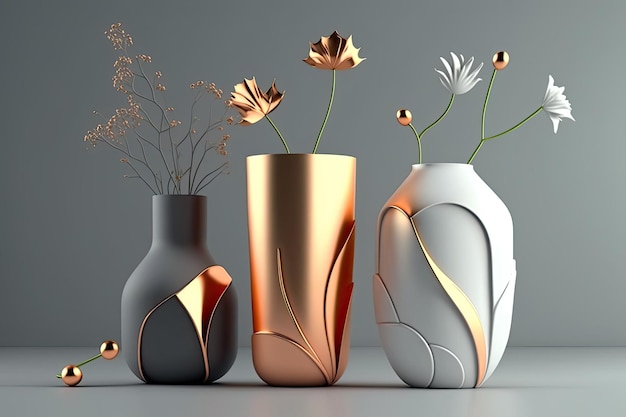 Compositions for vases Abstract illustrations in copper and concrete