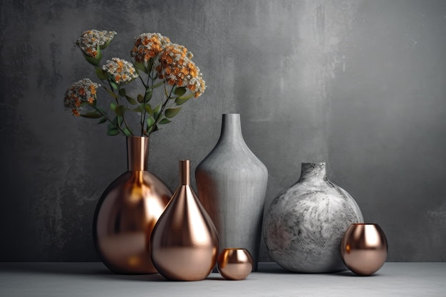 Compositions for vases Abstract illustrations in copper and concrete