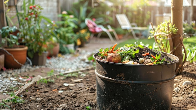 Photo compost bin in garden with various plants background