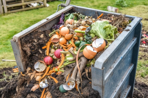 Compost bin with food scraps and grass cuttings Generative AI