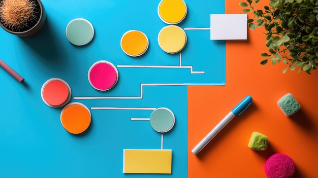 Photo comprehensive business process and workflow diagram concept flat lay design with paper shapes for strategic planning and solutions