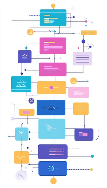 Photo comprehensive flowchart of software development process branching merging and release workflows