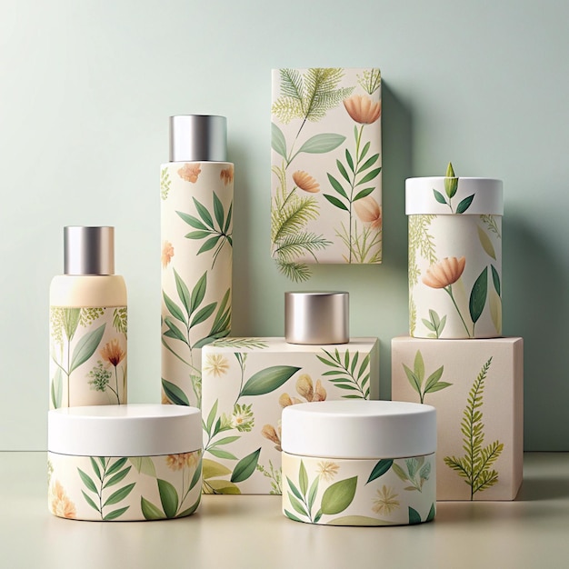 Photo comprehensive skincare packaging design collection tropical minimalist and luxurious themes