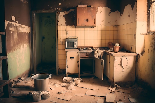 Compulsive Hoarding Syndrom messy kitchen with pile of dirty dishes Neural network AI generated