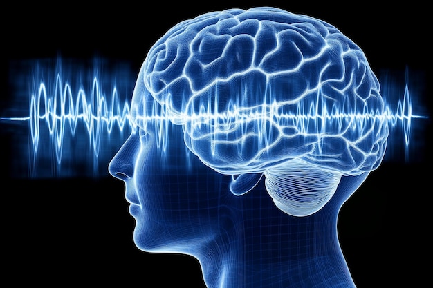 Computational neuron computational neuroscience and cognitive load blue brain silhouette with waves