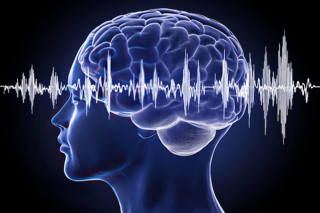 Photo computational thinking neuron activation and mental energy head with electrical brain signals depic