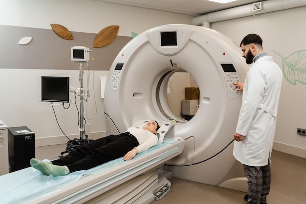 Computed tomography CT scan process for examination brains CT scanning of the brains examination to assess head injuries severe headaches dizziness bleeding and stroke brain tumors