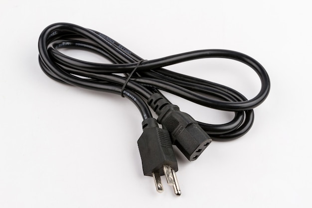 Computer black power plug cable on a white background