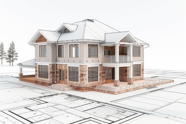 Computer cad 3d rendering of a house plan mockup of house design in 3d cad drafting in revit