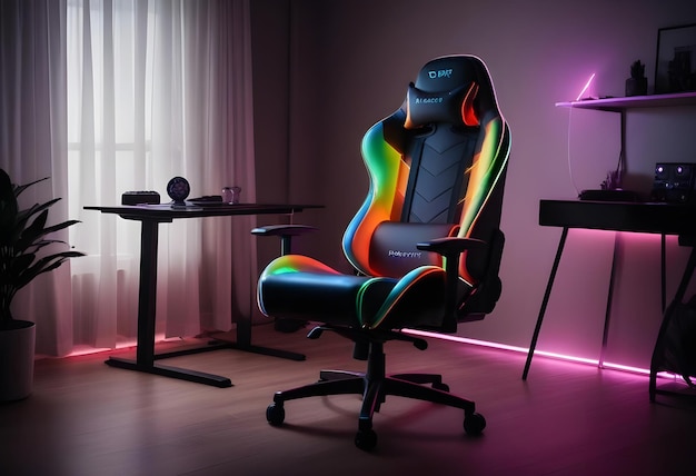 Photo a computer chair with a rainbow colored back that says rainbow on it