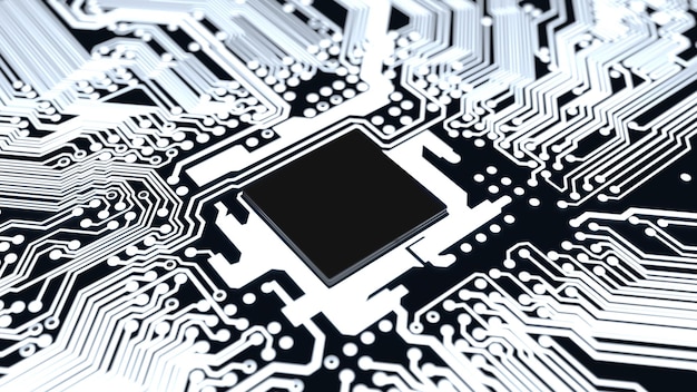 Computer chip processor on the motherboard textolite black and white 3d render