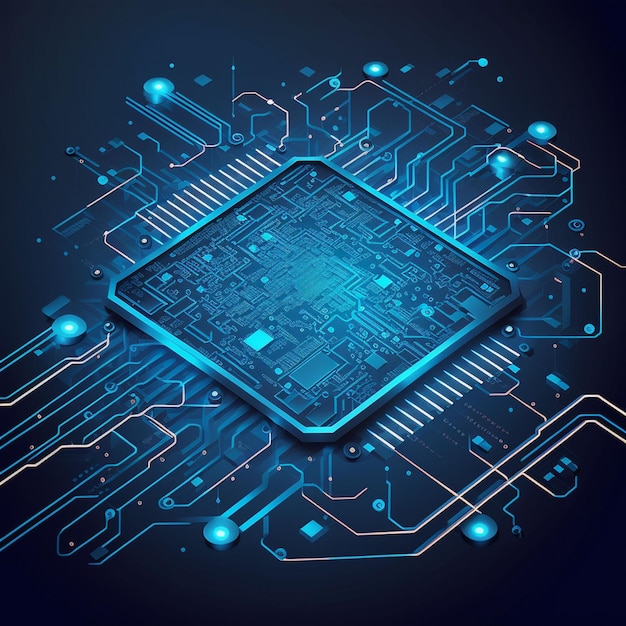 A computer chip with blue and green lines and a circuit board.