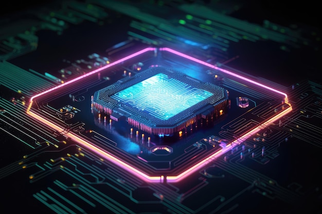 A computer chip with neon lights and a cpu on it.