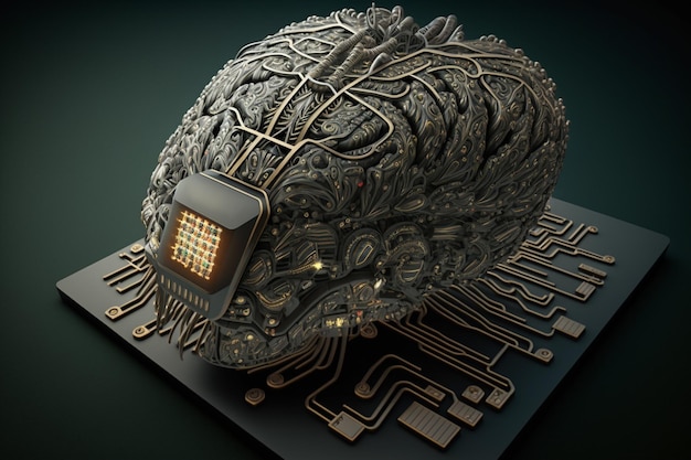 A computer circuit board with a brain in the middle.