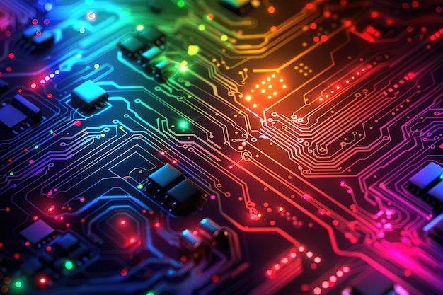 A computer circuit board with neon lights and vibrant lines representing the flow of signals