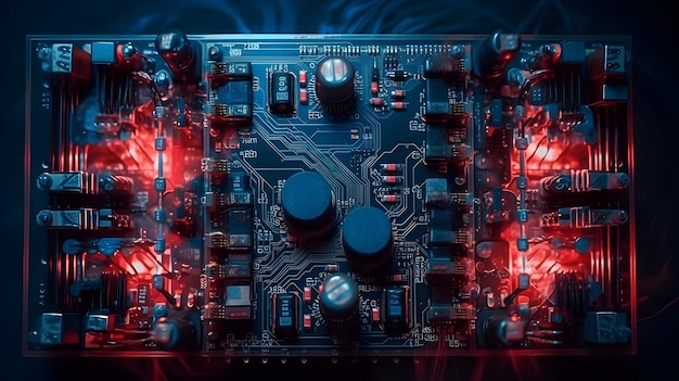 A computer circuit board with red and blue lights generative ai