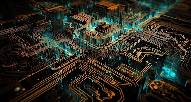 A computer circuit with a circuit board with a blue light that says'smart '