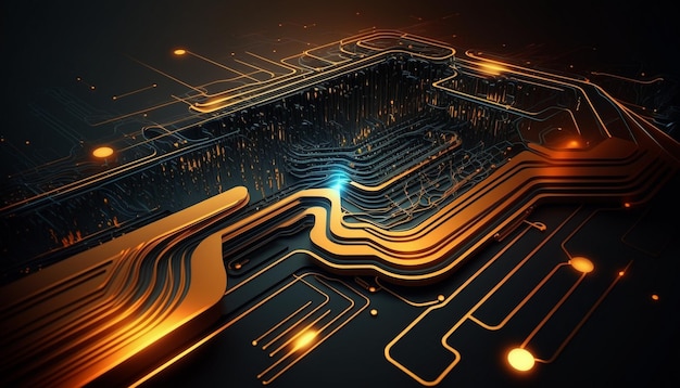 A computer circuit with a gold and black background.