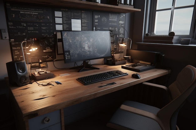 A computer desk with a black chair and a black sign that says'the game is on it '