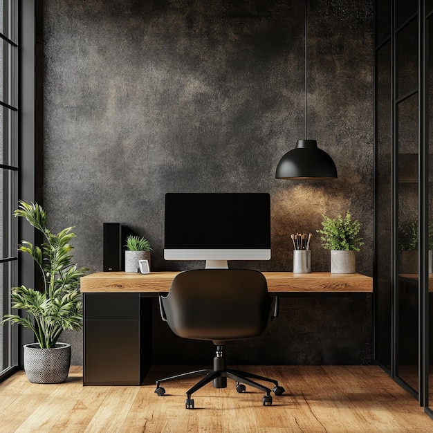 a computer desk with a black chair and a monitor on it