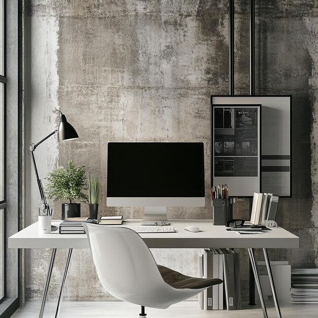 Photo a computer desk with a chair and a lamp on it