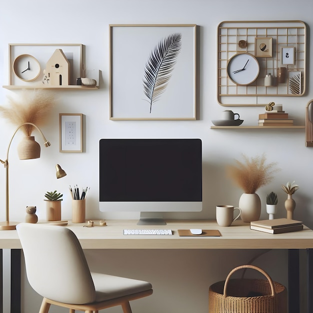 Photo a computer desk with a clock and a picture of a bird on it