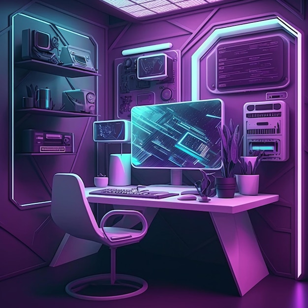 A computer desk with a computer on it with a futuristic view