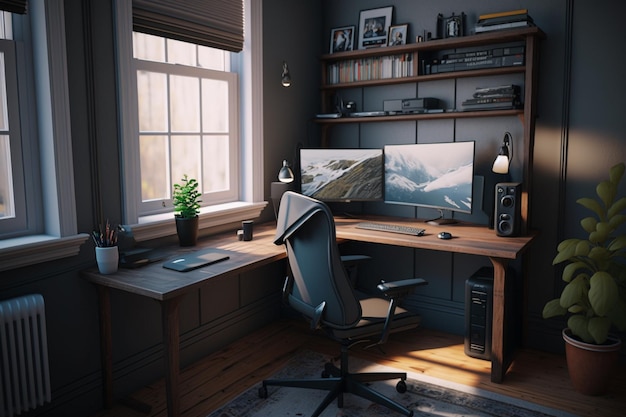 A computer desk with a computer monitor and a bookcase on the left.