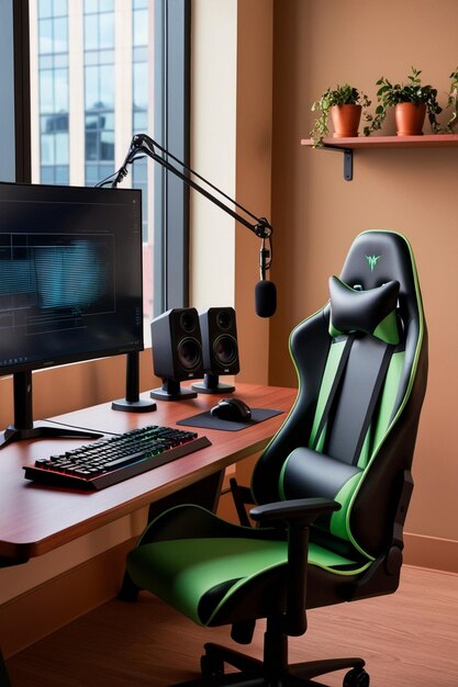 Photo a computer desk with a computer monitor and a keyboard