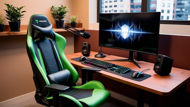 a computer desk with a computer monitor and a keyboard