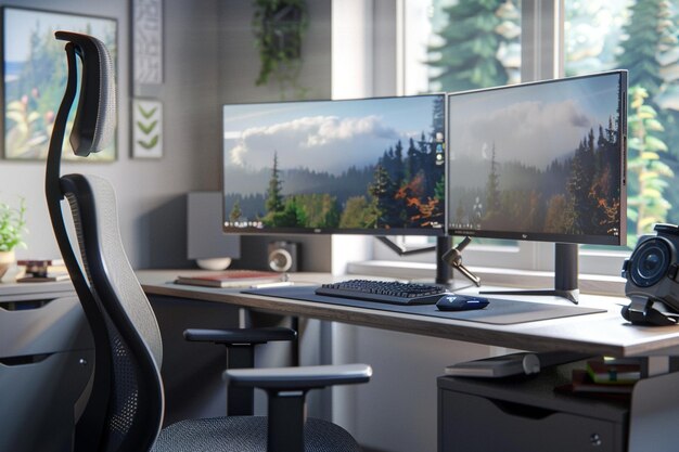 Photo a computer desk with a computer monitor and a mountain landscape on the screen