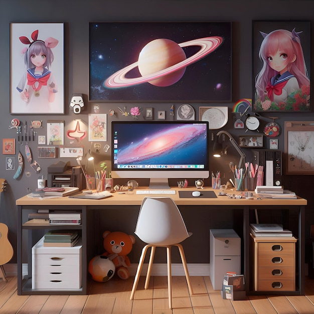 Photo a computer desk with a computer monitor and a picture of a planet on it